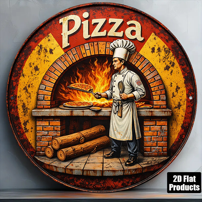 Brass Weight Plate - 2D Retro Metal Sign, Vintage Pizza